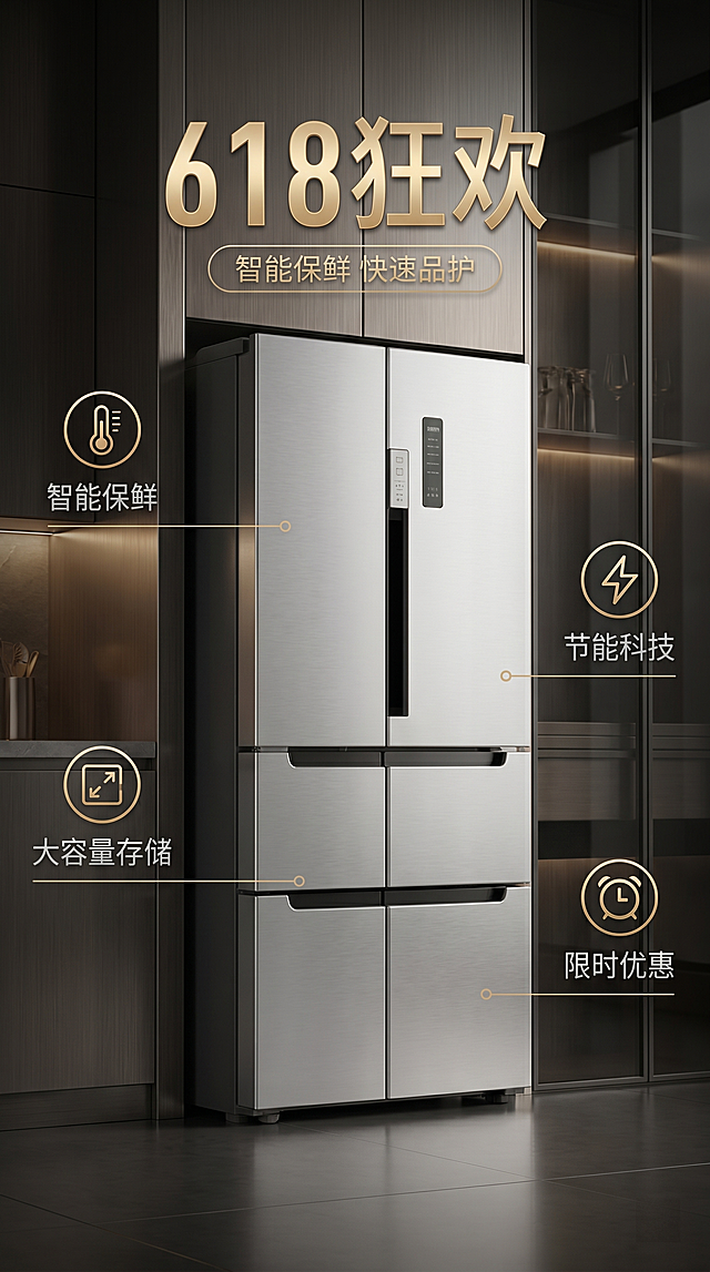 618商业营销海报，包含这款冰箱商品精简的信息图元素，高质感配色，f/2.8柔和景深照片写实质感，无畸变