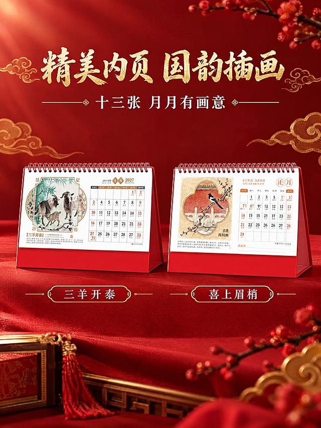 [商品] 使用2张内页图：三羊开泰内页、喜上眉梢内页；保留内页的日历布局、国画插画、日期排版等全部内容，不得改动。
[画面] 内页展示，目标：精美内页国画插画展示。左右分栏构图，左边三羊开泰款内页，右边喜上眉梢款内页，每款都是台历翻开状态展示内页，45度视角。两款大小一致，间距均匀。背景深红色渐变配淡金色祥云装饰。
[视觉] 套系策略：风格=中国红高端精雕商业摄影；标题字=大气书法体（金色）；正文字=现代宋体（白色）；主色=中国红+烫金；背景延展=深红渐变+淡金祥云纹理；强调色=金色，用于分隔线和标签；标题色=金色；正文色=白色；组件=金色细分割线、圆角主题标签；光影=每款内页统一柔光，整体光影协调。
[文字] 画面顶部主标题"精美内页 国韵插画"金色书法大字；副标题"十三张 月月有画意"白色小字；每款内页下方白色主题名称："三羊开泰""喜上眉梢"。
[规格] 比例3:4竖版，2K分辨率，避免变形、错字、模糊、内页内容错乱。