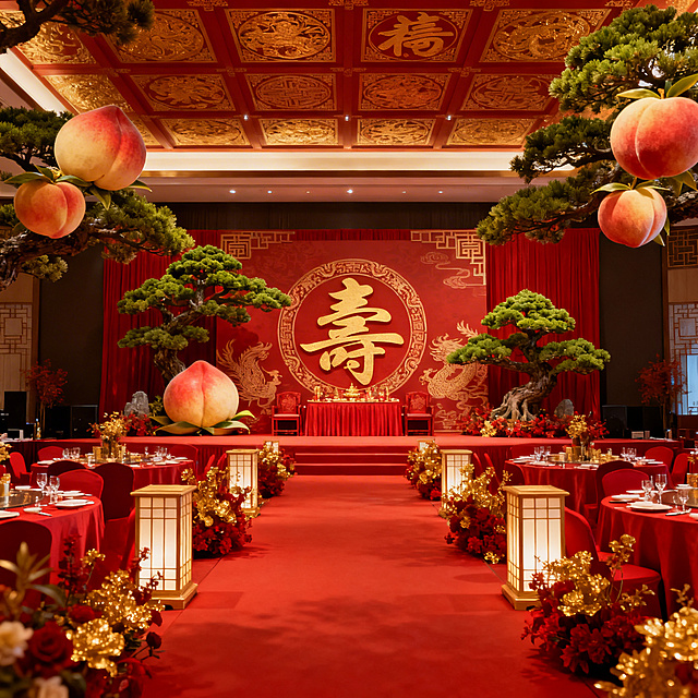 中式寿宴现场效果图，布置有红金色喜庆装饰，寿桃、松柏、寿字元素，大气温馨的中式传统风格，整体氛围热闹吉祥