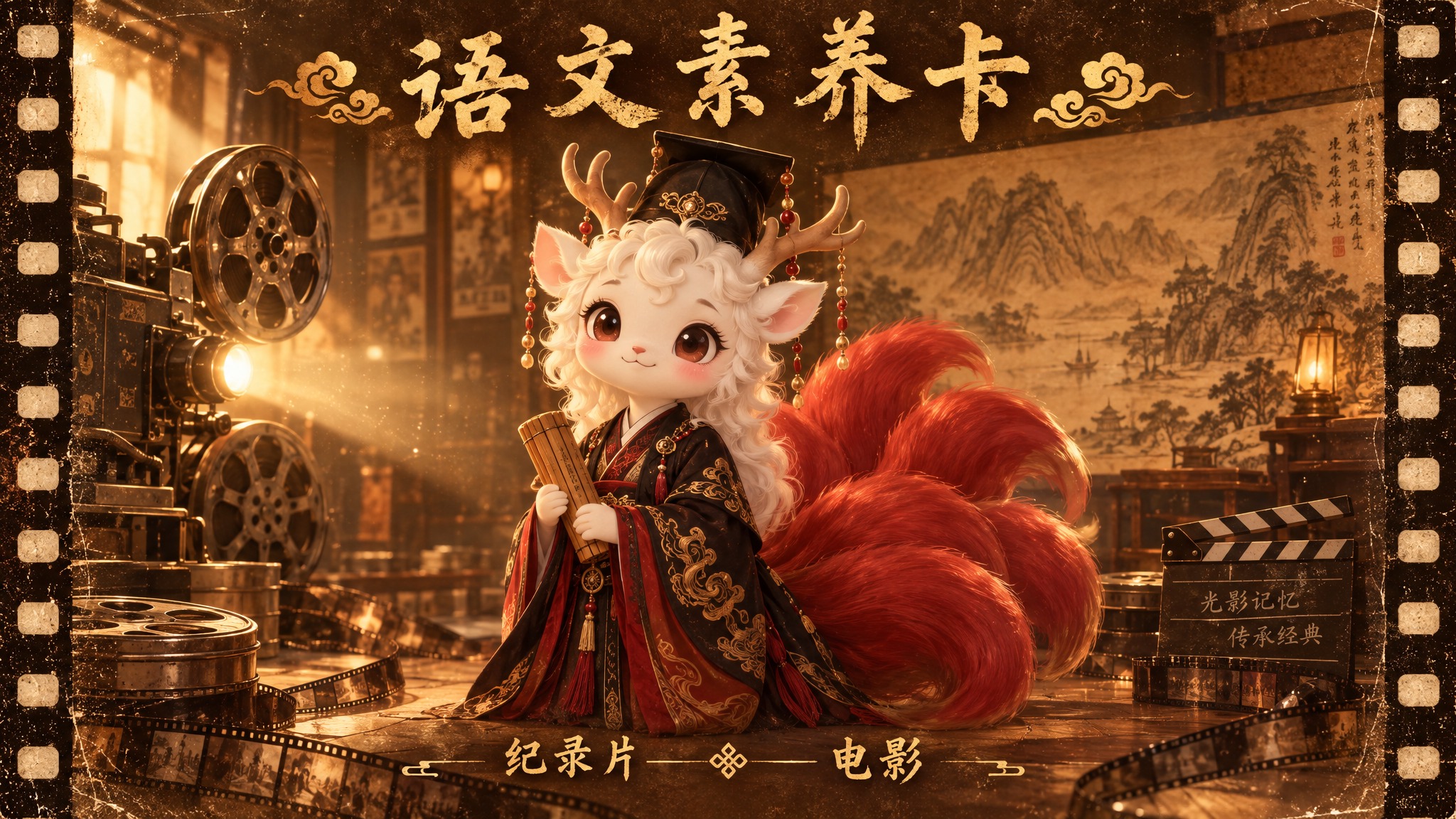 复古电影风语文素养卡图，1080乘616像素。中间是穿黑红汉服… - 图片创意预览