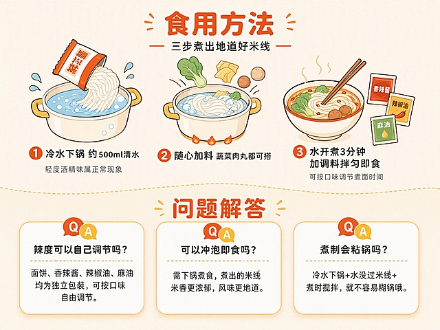 亚马逊高级A+移动端详情页单屏，食品饮料类速食米线，模块八「食用方法」+模块九「问题解答」合版。4:3横版比例。

[整体风格] 温馨家常烟火气，暖色调食欲感，上半部分食用方法采用可爱简易线描插画风格，下半部分问题解答采用卡片式信息排版，整体干净清爽有层次。

[配色色系] 全局底色 #FFF8F0（米白暖底色）；主色 #E85D2C（橙红色）；辅助色 #F5C451（暖黄色）、#5BA67C（绿色点缀）；文字色 #333333 深灰 + 主色标题。

[页面布局] 画面横向分为上下两大区块，上区约占55%为食用方法模块，下区约占45%为问题解答模块；两区之间用柔和的波浪分隔线或虚线过渡。

[上半区 - 食用方法] 顶部居中主标题「食用方法」，橙红色粗体大字，下方小字副标题「三步煮出地道好米线」。标题下方横向排列3幅简易画风格插画步骤，从左到右依次为：
步骤1：简笔画风格的小锅装着冷水，米线面饼正被拆开包装放入锅中，旁边有水滴和气泡小装饰；下方文字「① 冷水下锅 约500ml清水」，再下方小字「轻度酒精味属正常现象」。
步骤2：简笔画风格的锅中煮着米线，旁边有青菜、豆腐丝、肉丸等食材飞入锅中的可爱示意；下方文字「② 随心加料 蔬菜肉丸都可搭」。
步骤3：简笔画风格的一碗煮好的米线，旁边放着调味酱、辣椒油、麻油小包，筷子正在搅拌；下方文字「③ 水开煮3分钟 加调料拌匀即食」，再下方小字「可按口味调节煮面时间」。
三幅插画均为圆润线条+平涂填色的简易画风格，大小均等横向排列，每步用圆形数字序号标注。

[下半区 - 问题解答] 顶部居中主标题「问题解答」，橙红色粗体大字。下方横向排列3张圆角问答卡片，卡片底色为白色带浅橙边框，每张卡片顶部有Q&A小图标：
卡片1（左）：Q「辣度可以自己调节吗？」A「面饼、香辣酱、辣椒油、麻油均为独立包装，可按口味自由调节。」
卡片2（中）：Q「可以冲泡即食吗？」A「需下锅煮食，煮出的米线米香更浓郁，风味更地道。」
卡片3（右）：Q「煮制会粘锅吗？」A「冷水下锅+水没过米线+煮时搅拌，就不容易糊锅哦。」

[字体] 标题用圆润黑体，正文用常规黑体，全套字色不超过2种（深灰+橙红标题色）。

[光影质感] 整体明亮柔和，卡片带轻微投影增加层次感，插画部分平涂为主无复杂阴影。

[负向提示词] 变形，水印，文字错乱，文字过小，颜色偏差，背景杂乱，人物出现，真实照片混杂插画风格不一致。