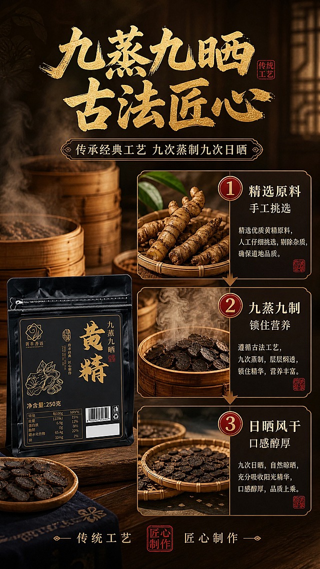 [商品] 使用【图1】菁萃善语九蒸九晒黄精黑色自立袋包装；保留黑色袋身、金色标签、黄精书法大字、品牌Logo与整体包装结构；袋身挺立，质感精致，放置于画面左侧或底部作为产品展示。
[画面] 目标：工艺卖点页，展示九蒸九晒传统制作工艺。构图：纵向三段式工艺流程图，从上到下依次展示「选料→九蒸→九晒」3个关键步骤；每步配小图+文字说明；左侧或底部放置产品包装袋。背景为深棕色木纹+蒸笼、竹匾等传统工艺道具；蒸汽、阳光等元素烘托工艺氛围，3层以上视觉层次。
[视觉] 套系策略：风格=新中式国潮商业摄影风；标题字=粗黑体+书法笔触结合，厚重有力；正文字=简洁黑体；主色=玄黑+烫金；背景延展=暖棕到深棕渐变，叠加暗纹宣纸质感；强调色=朱砂红，仅用于小标签、印章、重点数字；标题色=烫金色；正文色=米白色；组件=圆角金边信息卡、中式引线、印章元素、编号圆圈；光影=左前侧暖柔光，温暖古朴质感。
[文字] 顶部主标题「九蒸九晒 古法匠心」，烫金大字；副标题「传承经典工艺 九次蒸制九次日晒」；中部3步工艺编号说明：①精选原料 手工挑选；②九蒸九制 锁住营养；③日晒风干 口感醇厚；底部产品包装袋旁配「传统工艺 匠心制作」小字；全部横排排版，手机端清晰可读。
[规格] 单屏比例9:16竖版，2K分辨率，避免变形、错字、文字过小、冷蓝背景、包装文字错乱、虚假功效承诺。