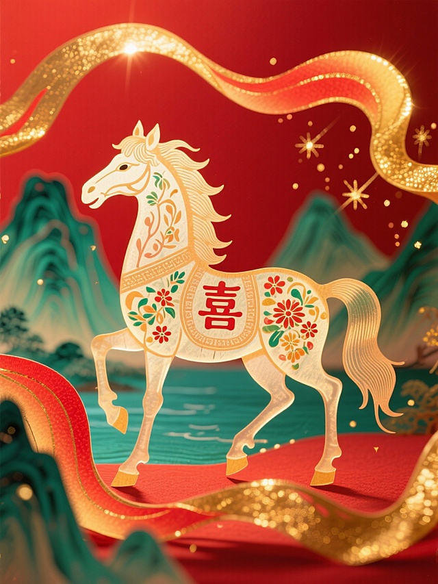 主体是骏马（饰有“喜“吉祥字和花卉纹样），环绕金红渐变的华丽飘带，背景为正红底 + 青绿山水元素，融入细碎金星光效，色调以红、金、青绿为主
