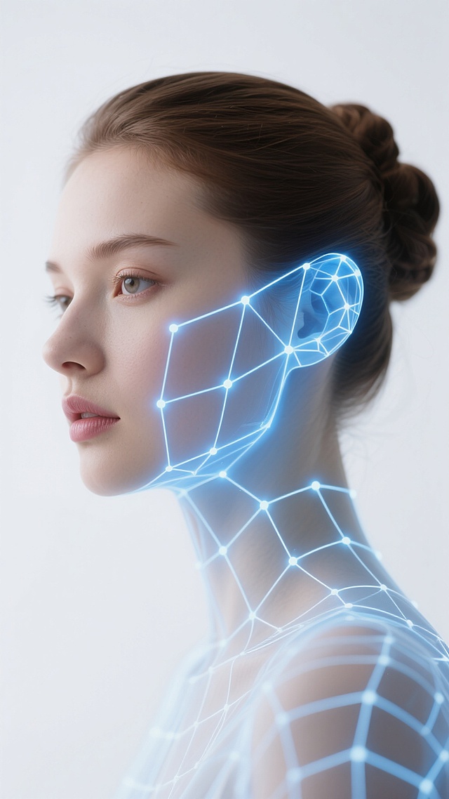 高清晰人像特写，变换后的女性侧脸，光洁的白色背景，棕色头发优雅盘起，面部覆盖着半透明的蓝色发光网格线条，网格由细密的白色连接线和发光节点组成，光线柔和，肌肤呈现细腻光滑的质感，高光自然分布于额头、鼻梁和下颌线，整体氛围科技感与纯净感并存，构图简洁，主体突出，展现出精致的面部轮廓和科技元素的融合。