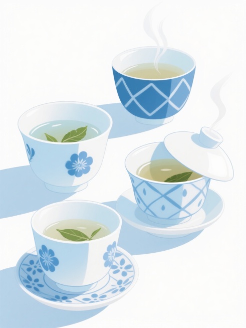 一组四个不同样式的蓝白配色茶杯，采用柔和的淡蓝色与纯净白色渐变过渡，杯身点缀雅致的蓝色花卉或几何图案，杯内盛有清澈的茶水并漂浮着几片嫩绿茶叶，茶杯搭配同色系带花纹的杯托和杯盖，部分茶杯盖子微微掀开，白色热气轻柔袅袅升起，整体呈现清新淡雅的日式插画风格，线条圆润流畅，色彩和谐统一，光影柔和，营造出宁静舒适的氛围，构图简洁明快，背景为纯白色以突出主体茶杯。预览效果