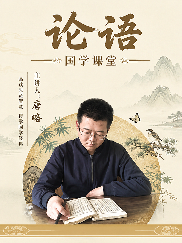 参考图1的版式风格：竖版构图，浅米白底色，人物居中偏下，人物背后有一个大的圆形金色装饰（类似团扇/圆月造型），圆形内有松枝、竹叶、蝴蝶、小鸟等国风工笔元素，背景远处有淡淡的水墨山形。整体风格清新淡雅、国风古韵、色调柔和清亮。

将人物替换为之前的唐略老师（读书姿态的男士，从参考图中提取），人物尺寸适中，位于画面中央偏下位置。

顶部主标题大字："论语"，字体为古朴书法体，深褐色。

主标题下方副标题："国学课堂"，字号较小。

人物左侧竖排文字："主讲人：唐略"。

人物左侧竖排小字介绍："品读先贤智慧 传承国学经典"。

底部有装饰性条带，整体排版精致典雅，国风韵味浓厚。

色调以米白、浅金、淡墨、竹青为主，清新淡雅不沉闷，画面干净透亮。

画面中所有文字信息必须完整清晰呈现。