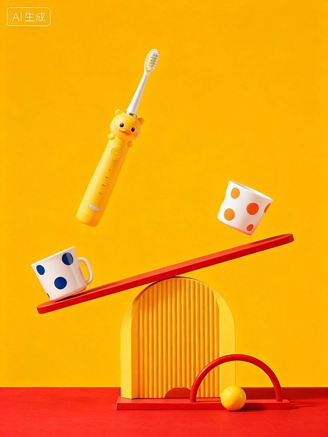 软3D风卡通牙刷与波点杯在几何结构上平衡，孟菲斯风格色彩碰撞，趣味感十足的儿童节创意场景。