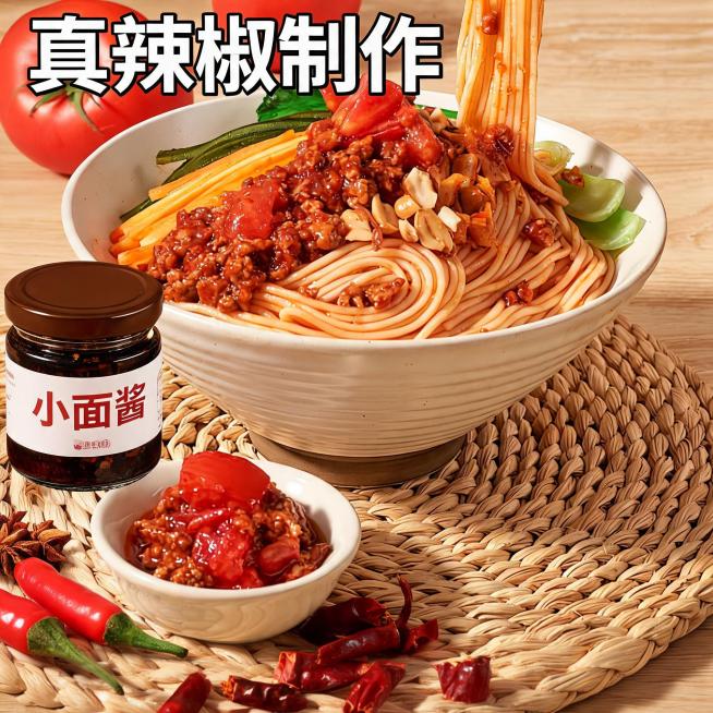 小面酱电商主图，展示瓶装小面酱产品，搭配真实辣椒原料，突出真辣椒卖点，棕色食欲氛围暖色调，淘宝平台风格预览效果
