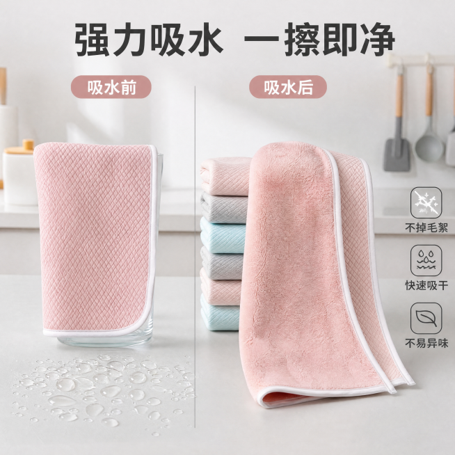 [主图-2] 双面鱼鳞抹布核心吸水效果展示，家居治愈风，保持产品外观（物理结构、材质质感、颜色）与输入产品图绝对一致，杜绝任何变形和色差，精细化处理。左侧展示粉色抹布吸水对比实验，干抹布和沾水后抹布对预览效果