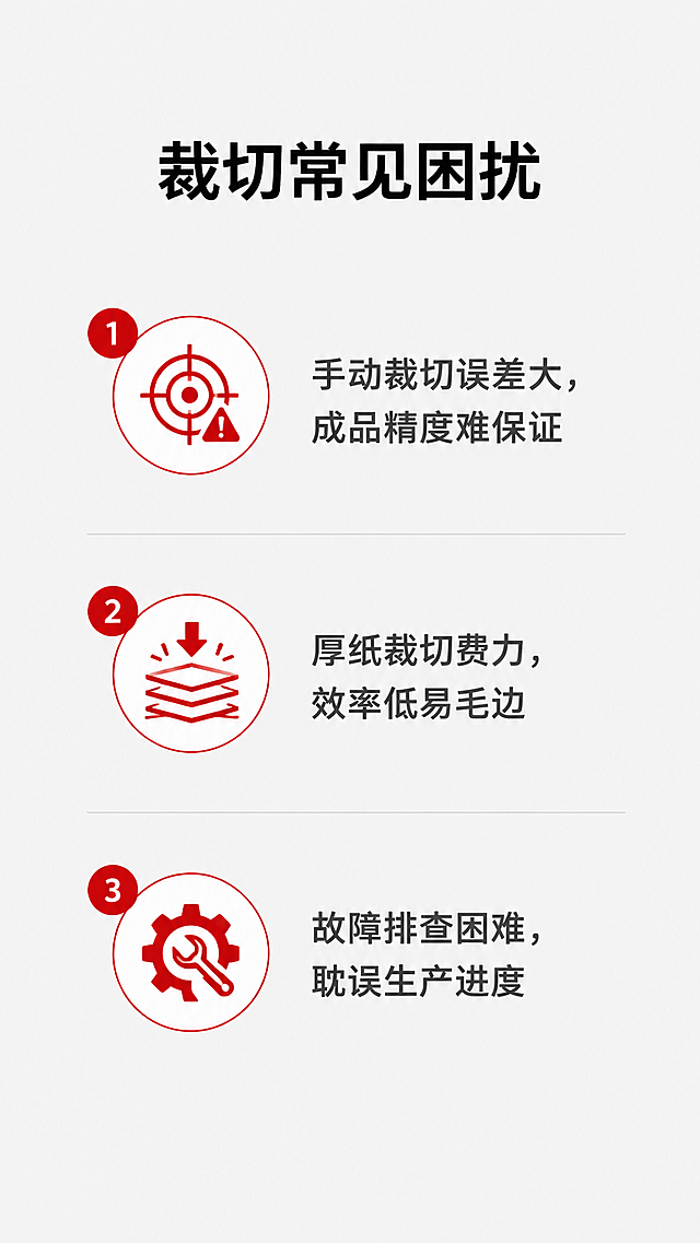 [第2屏] 本屏功能定义：切纸机用户痛点直击，提出传统裁切的常见问题。
[氛围/风格] 高清简约商务风，浅灰底干净布局，文字清晰直观。
[元素布局] 页面顶部居中放置主标题，下方分三行排列三个痛点问题，每个痛点配小图标+文字说明，整体留白充足，阅读轻松。背景保持浅灰色纯色，不添加多余元素干扰信息。
[光影质感] 均匀柔和自然光，文字清晰，图标锐利，整体干净通透无阴影杂乱。
[配色色系] 全局底色：#F5F5F5；文字配色：#222222（主标题）+#555555（副标题）；点缀色：#ED2024（痛点标签）。
[视角构图] 纵向排版，标题+列表式信息从上到下分布，居中对齐符合移动端阅读习惯。
[文字版式] 顶部主标题"裁切常见困扰"黑色加粗，字号适中。三个痛点分别是：1. "手动裁切误差大，成品精度难保证"；2. "厚纸裁切费力，效率低易毛边"；3. "故障排查困难，耽误生产进度"，每个痛点图标在左文字在右，行高合适，不挤不空。
[比例分辨率] 9:16竖版比例，4K分辨率，文字清晰。
[负向提示词] 变形，水印，文字错乱，文字太小无法辨认，背景杂乱，颜色不协调