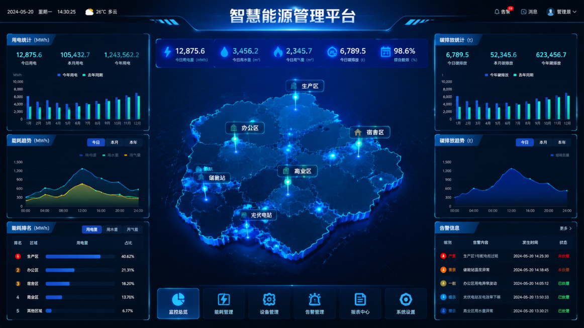 web端智慧能源管理平台可视化大屏UI界面，横版，蓝色渐变科技风格，整体布局两侧内容区展示柱状图和折线图，模块修饰元素统一，中间为三维地图，顶部创意标题居中放置，商业交互逻辑，突出信息主次，科技感创意预览效果