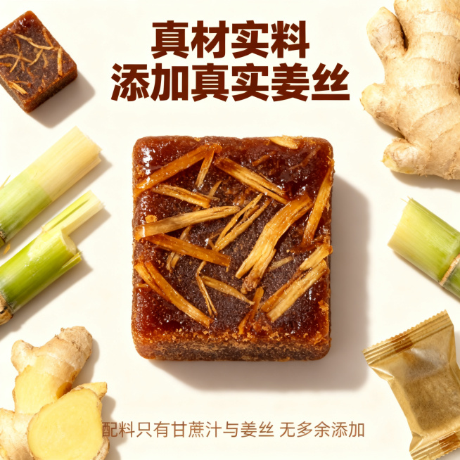 [主图-2] 核心卖点展示，突出配料干净无添加。
[氛围风格] 简洁通透天然感，写实产品展示。
[画质] 商业摄影质感，光线柔和通透，产品清晰真实，画面干净高级。
[元素] 中心位置放大展示姜丝红糖块预览效果