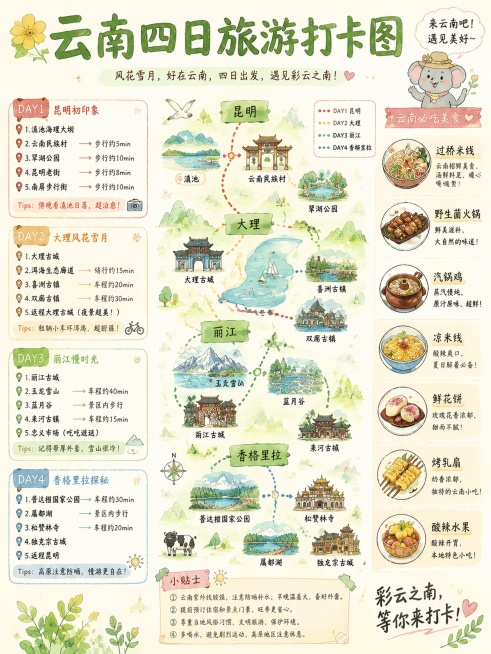 简约清新手绘风格云南旅游攻略海报，包含四日行程分区、手绘云南景点地图、本地特色美食推荐，主标题"云南四日旅游打卡图"，版式清晰，文字可读，小红书3:4尺寸预览效果