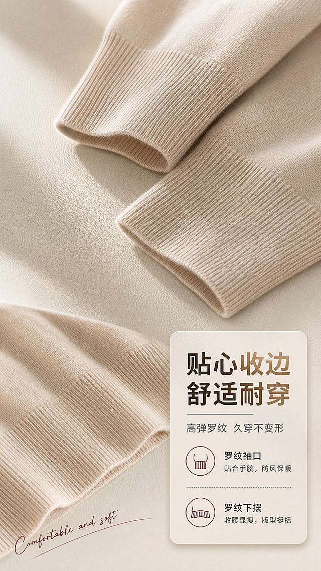 [商品] 使用【图7】【图10】米杏色羊毛开衫袖口与下摆罗纹特写；商品处理：保留罗纹袖口的竖条纹理、弹性收边结构和米杏色羊毛材质；增强罗纹纹理立体感和面料绒感，自然理顺袖口形态，不改变罗纹密度和颜色。
[画面] 目标：袖口下摆页，展示收边工艺与穿着舒适度。画面上半部分为两只袖口并置特写，一上一下错落摆放，展现罗纹袖口的细腻纹理和弹性收口。下半部分左侧为下摆罗纹特写，右侧放文字信息卡。背景为浅米色哑光质感，有柔和的光影层次和织物底纹。
[视觉] 套系策略：风格=温柔知性通勤风商业摄影；标题字=思源黑体粗体，带轻微米杏色渐变；正文字=思源黑体常规体；主色=米杏色；背景延展=基于米杏色做深浅层级、同色渐变和细腻织物/哑光墙面质感；强调色=酒红色，仅用于小面积图标、引线和标签；标题色=深暖棕；正文色=中暖灰；组件=圆角浅底信息卡、细线引线、手写体英文装饰；光影=左前侧暖柔自然光。
[文字] 右下区域主标题：「贴心收边 舒适耐穿」，副标题：「高弹罗纹 久穿不变形」，下方两个卖点：1.「罗纹袖口」贴合手腕，防风保暖；2.「罗纹下摆」收腰显瘦，版型挺括。文字全部横排，字号清晰。
[规格] 图片比例9:16竖版，4K，避免变形、错字、文字过小、冷蓝背景、面料颜色改变、罗纹失真、极限词。