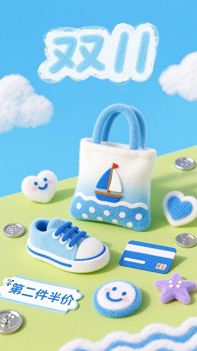 以蓝白系毛绒物品，如包、鞋等，搭配 “第二件半价”，营造双 11 清新购物氛围。