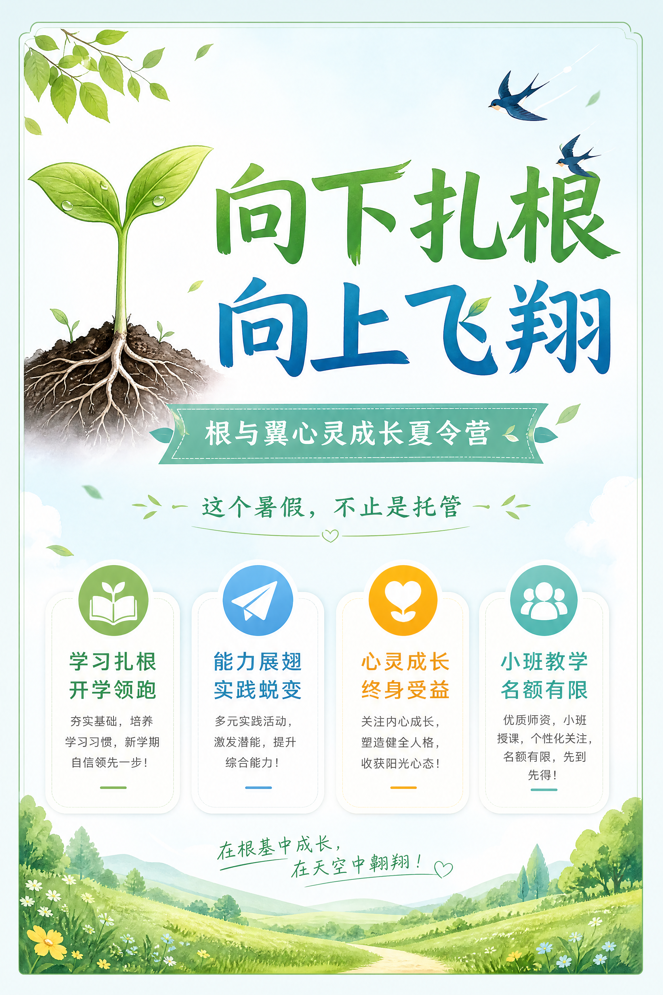 清新自然成长风宣传单页正面，主标题"向下扎根 向上飞翔"，副标… - 图片创意预览