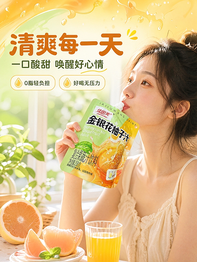 [商品] 使用【图5】佳因美金银花柚子汁吸吸袋；保留包装外观、Logo、产品名、吸嘴盖结构；商品处理：包装平整挺括，色彩鲜亮饱和，文字清晰，不改变产品形态。
[画面] 第5张·模特展示，目标：真人饮用代入，强化分享氛围与生活质感。模特生活方式型构图，亚洲年轻女性（20-25岁，清新甜美气质，淡妆）侧身坐在明亮的窗边餐桌旁，右手自然持握产品袋举到嘴边，正在饮用的自然状态，表情放松愉悦；产品袋位于画面中心偏右，占画面约60%，包装正面朝向镜头清晰可见；桌上搭配新鲜柚子切片、薄荷叶、一杯倒出的橙黄色果汁；背景是虚化的白色窗帘和绿植，阳光从左侧洒入，营造温暖治愈的午后氛围。
[视觉] 套系策略：风格=清新治愈食品饮料商业摄影风，高饱和食欲感；标题字=圆润粗黑体，厚重饱满有食欲；正文字=简洁无衬线中黑体；主色=暖橙+浅嫩绿；背景延展=基于暖橙和浅嫩绿做同色系渐变、深浅层级、柔和光斑与果汁飞溅质感；强调色=金黄色，仅用于小面积icon、引线、标签和高光点缀；标题色=深橙棕色；正文色=深灰绿；组件=圆角半透明信息卡、细线引线、水滴形卖点icon；光影=左侧自然光为主，柔和暖调，人物发丝有金边，产品正面补光保证Logo和文字清晰。
[文字] 左上区域横排文字：主标题"清爽每一天"，副标题"一口酸甜 唤醒好心情"；下方2个短卖点横排：「0脂轻负担」「好喝无压力」；文字不遮挡人物脸部和产品主体，全部横排，字号适中。
[规格] 抖音详情页单屏比例3:4竖版，4K分辨率，负向提示：避免模特表情夸张、产品包装变形、文字错乱、冷蓝灰主色调、极限词、二维码、外籍模特、人物占比过大遮挡产品。
