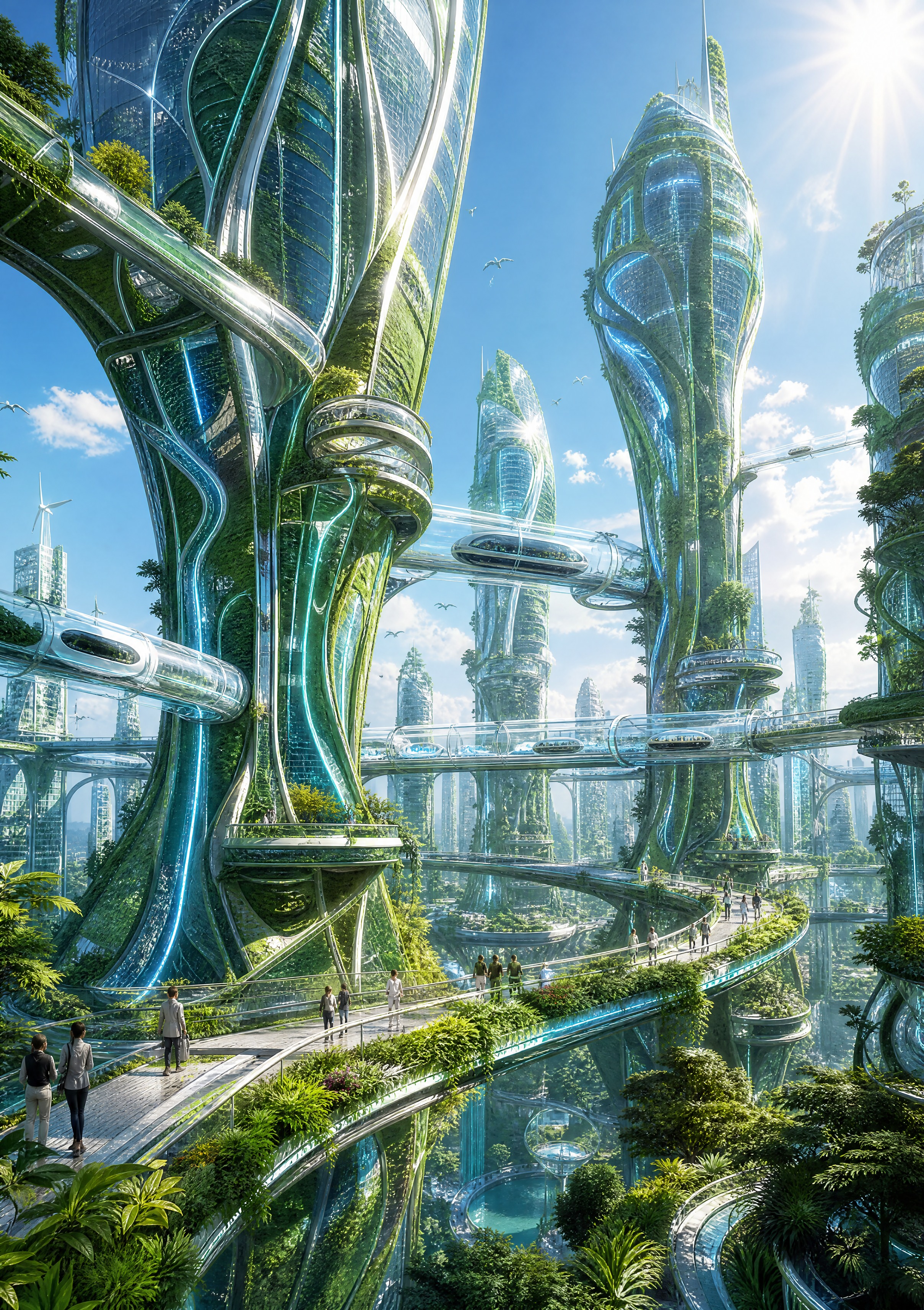 未来绿色生态城市概念图，A4竖版构图。几座造型奇特的巨型塔楼像… - 图片创意预览