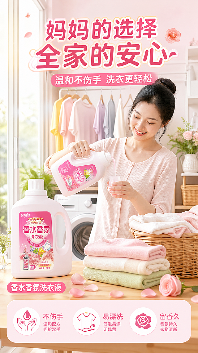 [第6屏] 人物使用场景页 - 妈妈居家洗衣真实互动场景。本屏使用【图3】作为洗衣液产品参考，融入场景中。
[氛围/风格] 温馨居家生活风，阳台洗衣场景，年轻亚洲妈妈微笑操作，真实自然，拼多多风格亲切接地气。
[元素布局] 画面右侧一位年轻亚洲妈妈（30岁左右，居家服，温柔微笑）正从洗衣液瓶中倒取洗衣液到洗衣机旁的量杯里；左侧放置洗衣液瓶，占比约35%；背景是明亮的阳台洗衣区，有洗衣机、晾晒的彩色衣物、绿植、洗衣篮；台面上有折叠整齐的干净衣物和玫瑰花瓣点缀。
[光影质感] 窗边自然光从左侧照入，暖色调柔和光线，人物和产品都清晰明亮，生活感强。
[配色色系] 全局底色 #FFF0F6 暖粉调居家场景；主色玫粉；辅助色木色、白色、浅绿。
[视角构图] 中景平视角度，左产品右人物，场景饱满，阅读动线顶部标题 → 人物使用场景 → 底部卖点。
[文字版式] 顶部大标题「妈妈的选择 全家的安心」，副标题「温和不伤手 洗衣更轻松」；左下角产品旁标注「香水香氛洗衣液」；底部粉色信息条三个卖点图标：「不伤手」「易漂洗」「留香久」；文字不遮挡人物和产品主体。
[比例分辨率] 9:16 竖版比例，4K分辨率，文字清晰可辨，高清画质。
[负向提示词] 人物变形，产品变形，颜色偏差，水印，文字错乱，面部模糊，背景杂乱。