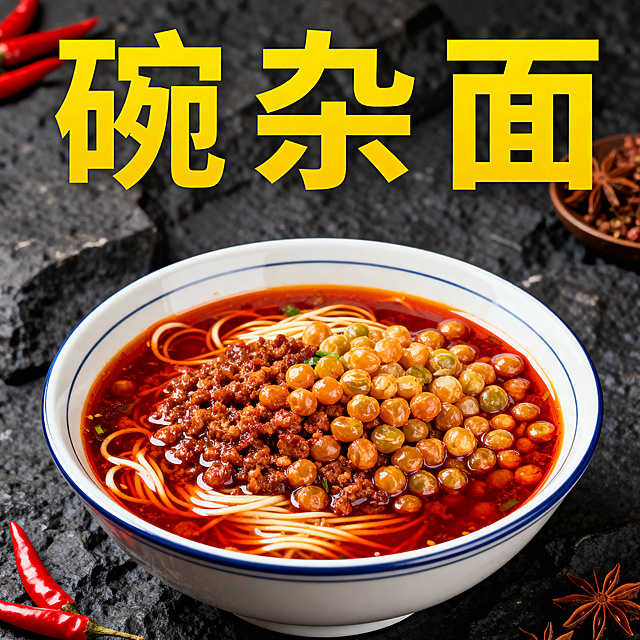 单张碗杂面菜品海报，参考原图深色石纹背景风格，整体更简洁高级，超大醒目黄色字体“碗杂面”放在顶部，下方是一碗红油豌杂面实拍，搭配红辣椒八角做边角装饰，质感浓郁食欲感强