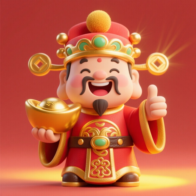 财神爷的形象，富丽堂皇的装扮，装饰傍身，珐琅金色球绒顶冠，红色官袍镶金边，粗鎏金纹饰皮腰带，一只手拿一个超大的金元宝，另一个手竖大拇指点赞手势，开心地笑，背后是黄色的光晕，绽放光芒，暖色调，红色渐变背预览效果