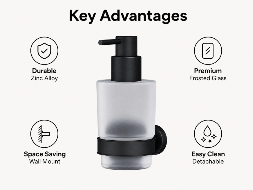 [Screen 2] Core selling points overview page for black wall-mounted soap dispenser.
[Style] Clean mi预览效果