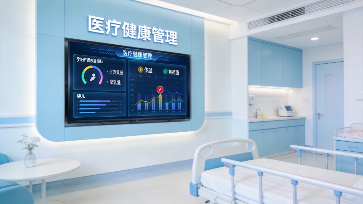 现代温馨的月子中心医疗健康管理室内场景，墙上挂着大屏幕电视机，电视机画面的大标题是"医疗健康管理"，屏幕上以数据图表化形式展示：产妇产后恢复指标包含子宫复旧、泌乳量，新生儿生命体征包含体温、黄疸值，同预览效果