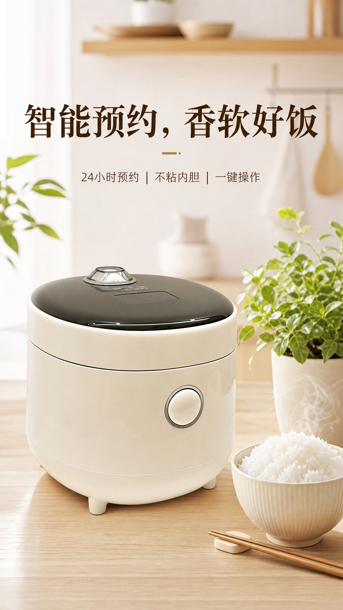 现代简约风格电饭煲电商海报，竖版9:16，2K高清。画面主体是… - 图片创意预览
