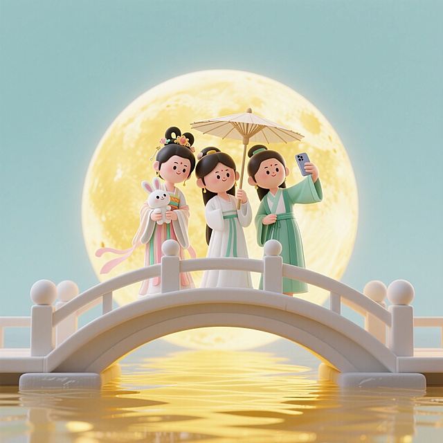 巨大的月亮悬挂在波光粼粼的金色水面中央，前景是嫦娥（手抱玉兔，仙女服装）和穿着《新白娘子传奇》的服装的白素贞（手执纸伞，白衣）、青儿（青衣），拿着手机在一座桥上自拍（一起看镜头）。中心对称式构图，淡黄色调的天空背景，辉光效果