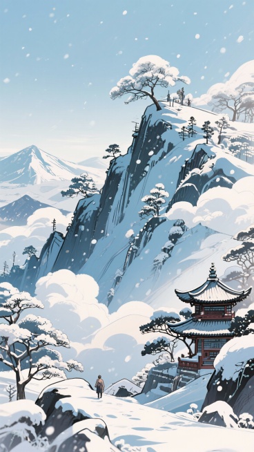 二次元古风，下雪，群山之巅，树，云，浅蓝色，细节丰富，元素多样，9:16,不要人物，生成2张预览效果