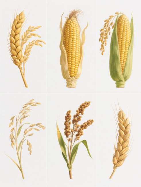 六个不同形态的谷物元素集合，包括饱满的麦穗、金黄的稻穗、颗粒分明的玉米、垂坠的高粱、细长的小米穗和饱满的燕麦穗，均采用超写实手绘风格，色彩以金黄与翠绿为主，光影细腻，细节丰富，每个元素独立呈现，在纯白色背景上呈规整网格状排布，整体构图平衡对称，视觉层次清晰，保持统一的细腻笔触和真实质感。预览效果