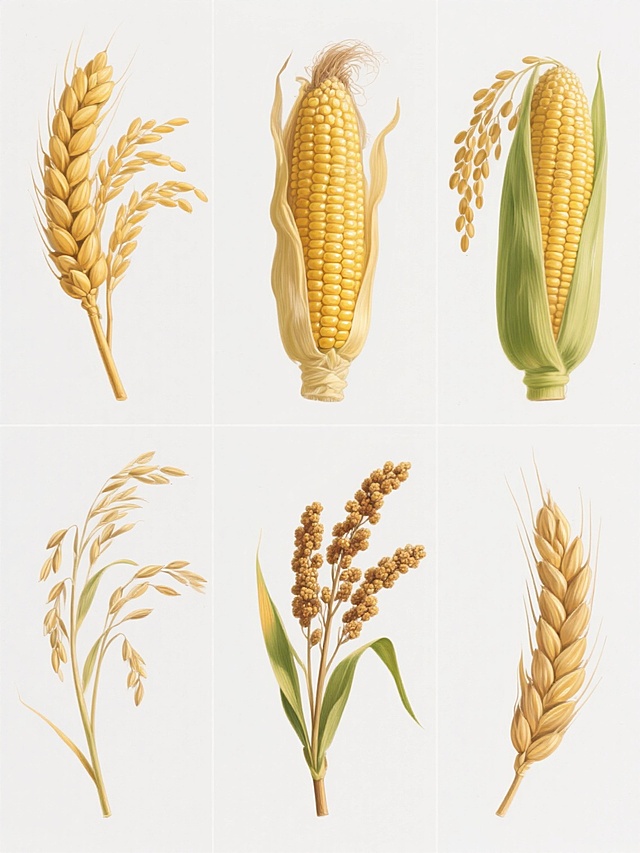 六个不同形态的谷物元素集合，包括饱满的麦穗、金黄的稻穗、颗粒分明的玉米、垂坠的高粱、细长的小米穗和饱满的燕麦穗，均采用超写实手绘风格，色彩以金黄与翠绿为主，光影细腻，细节丰富，每个元素独立呈现，在纯白色背景上呈规整网格状排布，整体构图平衡对称，视觉层次清晰，保持统一的细腻笔触和真实质感。