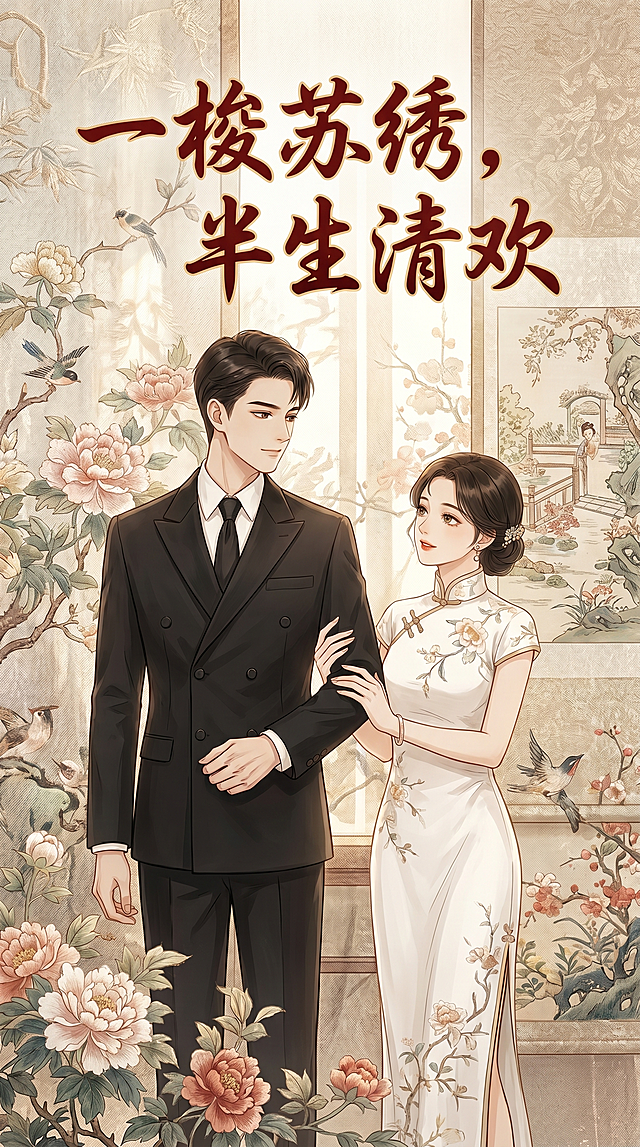 漫剧封面，9:16比例，非纯白色背景，参考图中男女主互动，配上剧名"一梭苏绣，半生清欢"，民国风格，苏绣背景，国风漫画质感，男女主穿原衣服，氛围温柔恬静