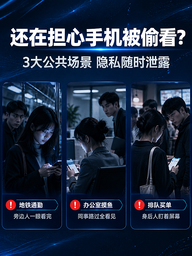 [商品] 本页为痛点场景页，不使用产品图。
[画面] 痛点直击页，目标引发用户共鸣。上下分栏版式，上方约占40%为大标题区，下方60%为三个痛点场景横向排列。背景为深灰蓝色渐变，带轻微颗粒质感。三个场景分别是：左侧-地铁通勤，一个人低头看手机，旁边乘客侧目偷窥的剪影；中间-办公室工位，同事路过时瞟向手机屏幕的场景；右侧-排队买单，身后人盯着手机屏幕的画面。每个场景用写实插画风格，色调偏冷暗，营造隐私被侵犯的不安感。
[视觉] 套系策略：风格=抖音深色科技风 强视觉冲击；标题字=无衬线超粗黑体 大字醒目；正文字=无衬线常规体；主色=深蓝黑；背景延展=深蓝黑渐变+蓝光粒子+科技线条纹理；强调色=科技蓝 仅用于图标 引线 光效 标签；标题色=纯白色；正文色=浅灰色；组件=圆角半透明深色卡片 细线引线 科技蓝发光标签；光影=冷调环境光 场景人物自然光影 整体暗调突出痛点。
[文字] 顶部大标题"还在担心手机被偷看？"，副标题"3大公共场景 隐私随时泄露"。下方三个场景各配一行痛点文案："地铁通勤 旁边人一眼看完""办公室摸鱼 同事路过全看见""排队买单 身后人盯着屏幕"。每个痛点前加红色感叹号图标增强警示感。文字全部横排。
[规格] 图片比例3:4竖版，4K，避免变形、错字、文字过小、出现产品图、暖色调、水印、平台Logo。