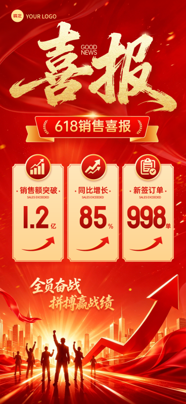创意红色销售喜报宣传全屏竖版海报预览效果