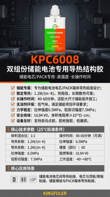 保留原有KPC6008聚氨酯导热结构胶产品图不变，制作一张专业工业风电商详情图，尺寸比例为竖版9:16，清晰排版所有产品信息。主标题："KPC6008 双组份储能电池专用导热结构胶"，副标题："储能电预览效果