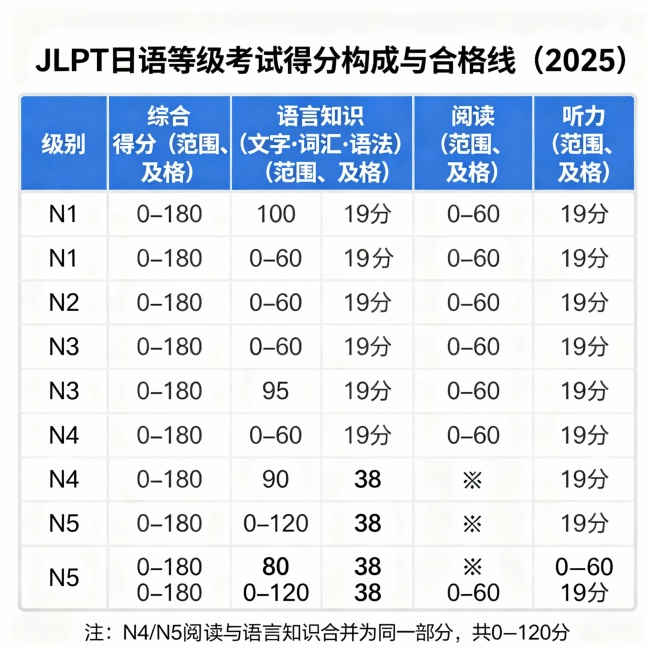 JLPT 日语等级考试得分构成与合格线（2025）

级别   综合得分        语言知识（文字·词汇·语法）   阅读           听力
       范围   及格     范围预览效果