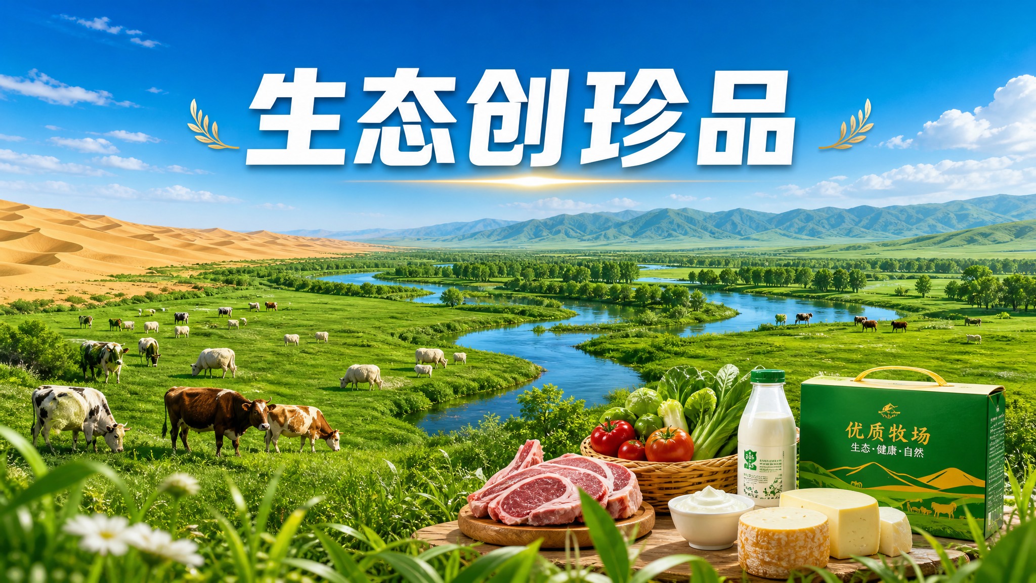 参考图风格：绿色生态草原、蜿蜒河流、茂密树林、牛羊成群，远处有… - 图片创意预览
