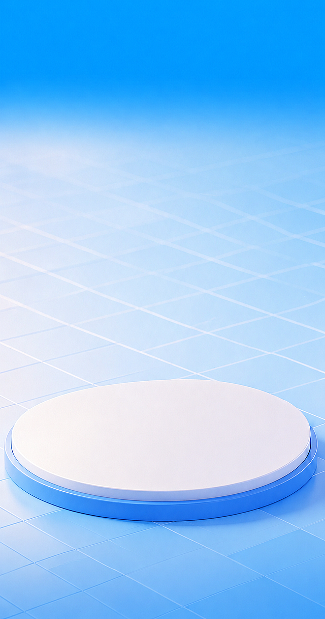 去掉图片里所有黄色星星装饰和散落的小点缀，保留原图其他内容：蓝色渐变浅蓝色背景，浅蓝色网格地砖，圆形3D白色立体展台，保持原图风格和高清画质