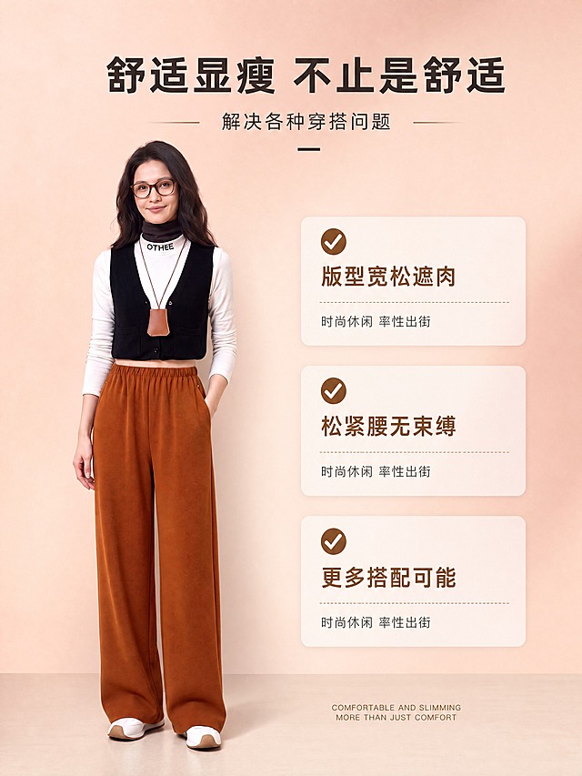 [商品] 使用【图10】橙色羊毛混纺直筒裤女模特图；商品处理：保留松紧高腰、直筒阔腿版型、侧口袋、橙色面料颜色和垂坠质感；自然去除衣身杂乱褶皱，理顺裤腿垂坠感，增强面料织纹、腰头松紧纹理和口袋缝线质感，不改变版型、颜色和结构。模特为图10中的戴眼镜深色长发女性，保持其面部特征和身材比例不变。
[画面] 目标：核心卖点总览页，让消费者快速get4大核心优势。构图：左模特右卖点，左侧为模特全身穿搭占画面约50%，右侧竖向排列3个带勾选图标的卖点卡片。背景：暖粉色渐变墙面+浅米色地面，柔和影棚光，干净通透。阅读动线：从左模特到右侧3个卖点卡片依次向下。
[视觉] 套系策略：风格=简约高级通勤商业摄影；标题字=现代无衬线粗体，带轻微字距；正文字=简洁无衬线体；主色=奶茶米杏；背景延展=基于奶茶米杏做深浅层级、同色渐变和细腻纸张/织物质感；强调色=焦糖棕，仅用于小面积图标、引线和标签；标题色=深炭棕；正文色=中暖灰；组件=圆角浅底信息卡、细线引线、小英文装饰；光影=左前侧暖柔光，柔和阴影。
[文字] 顶部主标题"舒适显瘦 不止是舒适"，副标题"解决各种穿搭问题"；右侧3个卖点卡片依次为"✓ 版型宽松遮肉""✓ 松紧腰无束缚""✓ 更多搭配可能"，卡片底部小号文字"时尚休闲 率性出街"；文字均为横排，层级清晰。
[规格] 图片比例3:4竖版，4K，medium质量，避免变形、错字、文字过小、裤型失真、颜色偏差、模特面部变形。