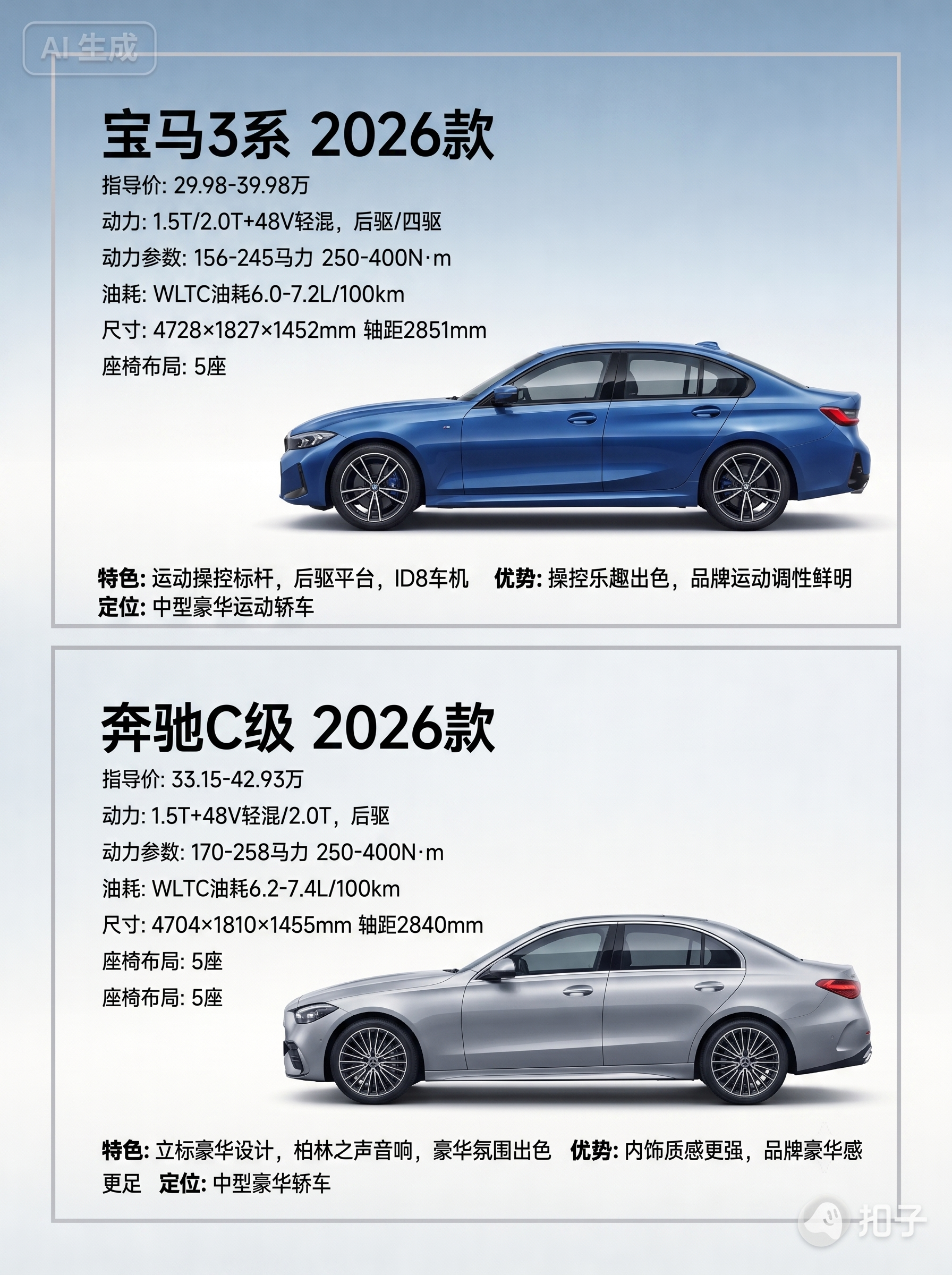1:1复刻参考图版式，生成宝马3系 2026款和奔驰C级 20… - 图片创意预览