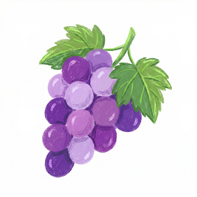生成一串葡萄，和参考图草莓一样的蜡笔手绘风格，质感细腻柔和，紫色渐变葡萄，带绿色果叶，白色背景，插画风格