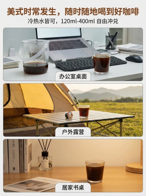 3:4竖版构图，三格场景图拼接：办公室桌面：透明桶身与笔记本、键盘同框，一杯美式放在鼠标旁。户外露营：帐篷前的折叠桌上，单颗罐罐与美式咖啡，背景是草地与远山。居家书桌：书籍、香薰旁，一杯美式放在木质桌预览效果