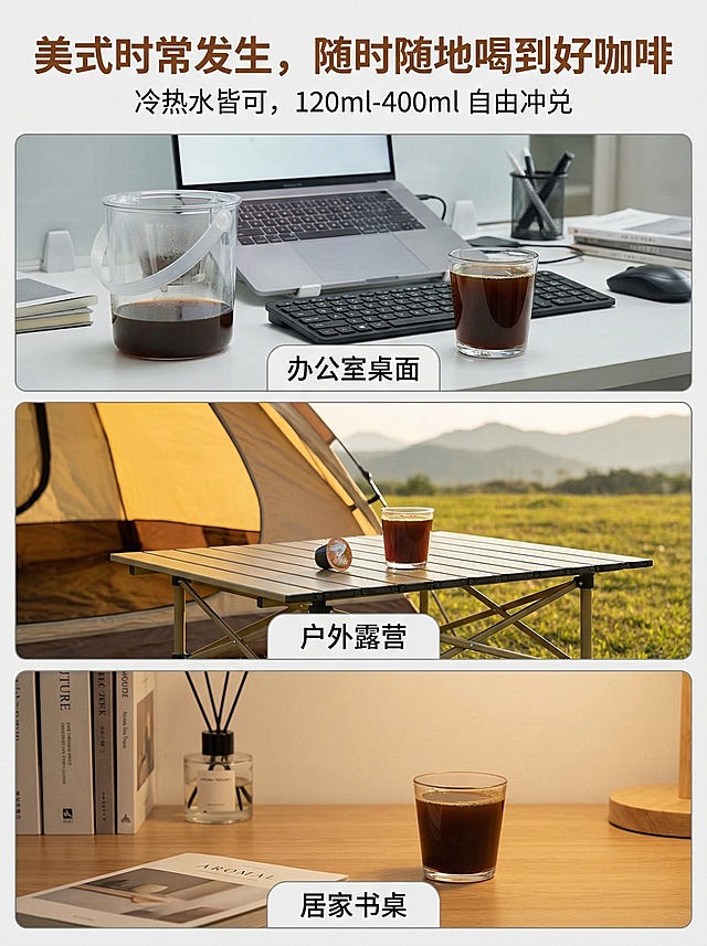 3:4竖版构图，三格场景图拼接：办公室桌面：透明桶身与笔记本、键盘同框，一杯美式放在鼠标旁。户外露营：帐篷前的折叠桌上，单颗罐罐与美式咖啡，背景是草地与远山。居家书桌：书籍、香薰旁，一杯美式放在木质桌面上，光线柔和。主标题为“美式时常发生，随时随地喝到好咖啡”，副标题为“冷热水皆可，120ml-400ml 自由冲兑”。色调：办公室偏冷白，户外偏暖黄，居家偏柔和，统一用浅灰边框。场景图采用生活化纪实风，避免过度摆拍，增强代入感，每格下方标注场景标签。