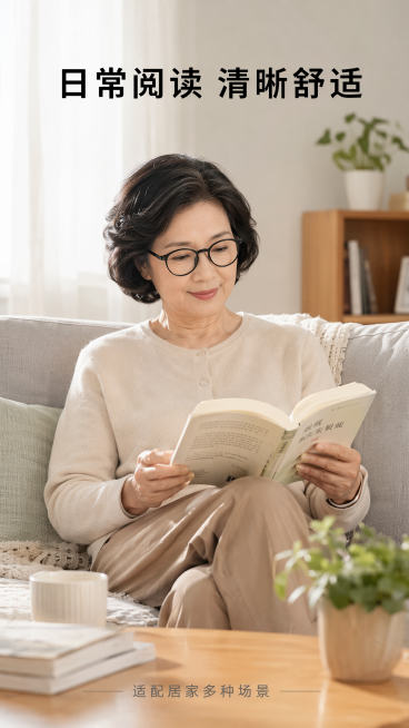 [第5屏] 日常场景屏，中老年女性居家佩戴阅读场景。
[氛围/风格] 温馨生活化，自然真实氛围感，高清纪实质感。
[元素布局] 明亮客厅沙发背景，中老年女性端坐持书阅读，佩戴本款老花镜，保持产品外观颜预览效果