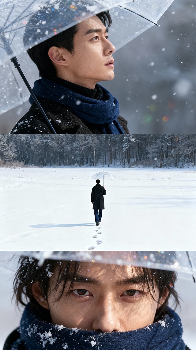 冬雪中的静谧肖像，透明伞下光影交错，冷色调胶片风营造唯美感与孤独叙事，深色系穿搭与自然光交织出沉郁浪漫的氛围感摄影。
