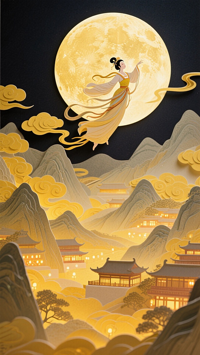 撕纸风与剪纸风融合，古典中式意境中嫦娥飞天，月光洒落山川楼阁，梦幻唯美的中秋夜景，静谧浪漫，文艺优雅。
#中秋国庆·双节献礼