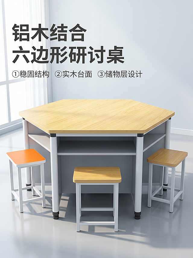 [主图 1] 空间场景与氛围-铝木六边形桌首图
[氛围风格] 现代简约办公教育场景，专业品质感
[画质] 商业摄影质感、光线柔和通透、产品清晰真实、画面干净高级
[元素] 铝木六边形桌居中放置，浅黄色实木桌面搭配白色铝合金支架，下方灰色置物层清晰展示，两侧搭配不同颜色凳子。背景为干净明亮的现代会议室/教室环境，浅灰色地砖，浅白色墙面，左侧窗边引入自然光，桌面干净整洁。保持产品外观（物理结构、材质质感、颜色）与输入产品图绝对一致，杜绝任何变形和色差，精细化处理。商品主体占比严格控制在70%左右，画面满屏无边框。
[光影] 侧向窗光为主光，经空间漫反射形成柔和填充光，桌面木质纹理高光清晰，金属支架有适度反光，整体明亮通透，光比舒适，暗部层次分明
[配色] 主色调浅黄桌面、白色支架，搭配浅灰空间背景，整体干净清爽
[视角构图] 正面45°平视拍摄，产品为视觉中心，景深适中，轮廓完整不裁切
[文字版式] 左上负空间左对齐留安全边距，大字主文案“{铝木结合} 六边形研讨桌”，深灰色粗体无衬线；下方三列小点亮点：①稳固结构 ②实木台面 ③储物层设计，浅灰色小字带项目符号，不遮挡产品主体
[比例分辨率] 3:4比例，2k分辨率，文字清晰锐利，超高清
[负向提示词] 变形，水印，文字错乱，产品图模糊，背景杂乱，偏色