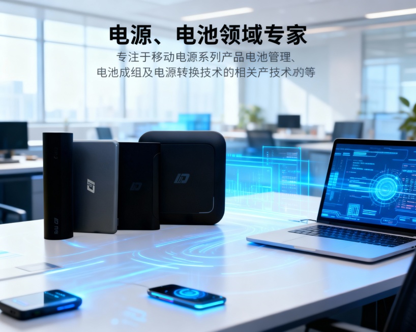 根据这张图，做一个网站动画图1280X560的，带广告内容为电源、电池领域专家 专注于移动电源系列产品电池管理、电池成组及电源转换技术的相关产品等。背景要科技办公场景预览效果