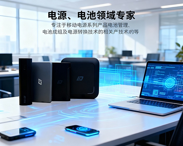 根据这张图，做一个网站动画图1280X560的，带广告内容为电源、电池领域专家 专注于移动电源系列产品电池管理、电池成组及电源转换技术的相关产品等。背景要科技办公场景
